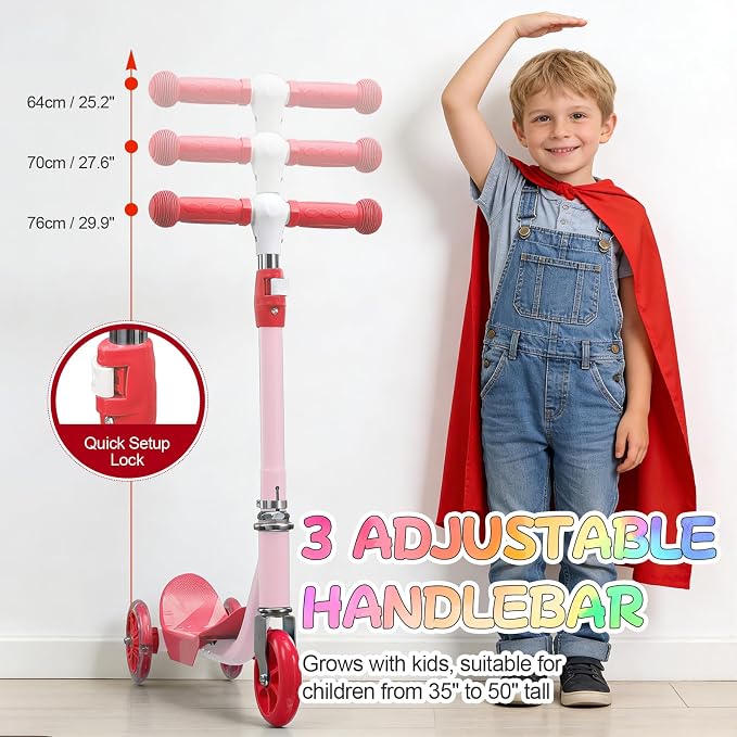 Scooters for Kids 3-5 Years Age 3-Wheel Light Up Scooter with Flexible Steer & 3-Adjustable Height for Boys Girls Outdoor Indoor Recreational Transport Blue Pink Orange
