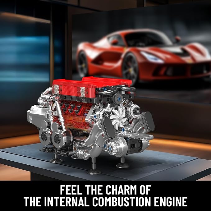 Mould King W16 Engine Building Blocks Set, 10163 Combustion Engine Model that Runs, Mini Engine Build Kit for Adults with Battery and Motor, Engineering Construction STEM Toy (952 Pcs)
