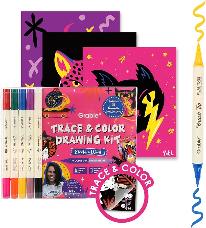 Grabie Trace and Color Drawing Kit, Beginner Friendly All-in-One Tracing Art Set with Acrylic Dual Tip Markers, 15 Pre-Printed Designs, Vellum Paper, Creative Hobby Kit, Artist Collaboration Yeti