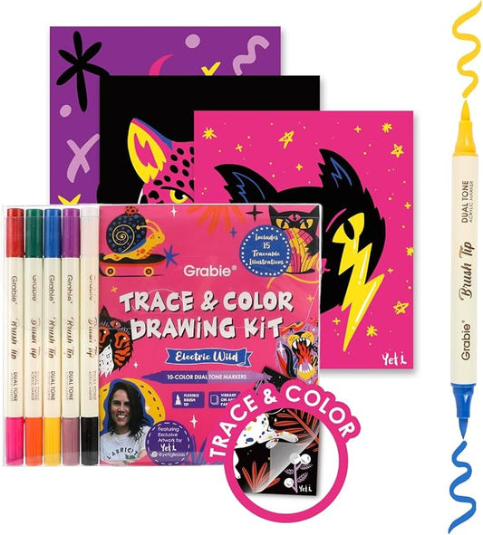 Grabie Trace and Color Drawing Kit, Beginner Friendly All-in-One Tracing Art Set with Acrylic Dual Tip Markers, 15 Pre-Printed Designs, Vellum Paper, Creative Hobby Kit, Artist Collaboration Yeti