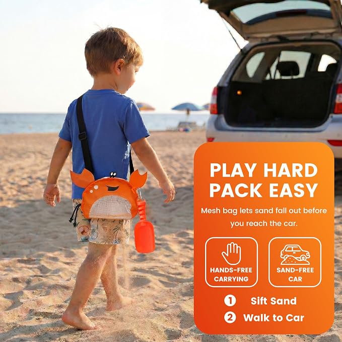 AMOR PRESENT Mesh Beach Bag for Kids, Shell Collecting Bag with Shovel Adjustable Strap for Holding Shell Sea Pool Sand Toy, Orange