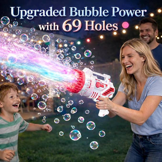 Bubble Gun for Kids, 69-Hole Bubble Blaster with LED Lights, Pink | 69-hole bubble machine gun for kids ages 4-8, with LED lights for summer, birthday, party and outdoor play.