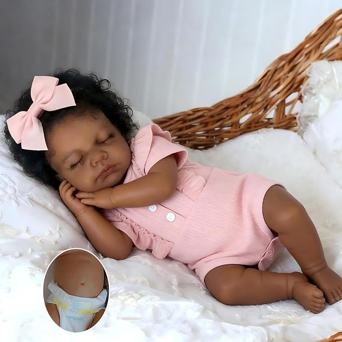 Pinky Reborn Baby Dolls Girl Black 20 Inch Full Body Silicone Vinyl Doll Girl Realistic African American Newborn Realistic Doll Toy for Kids Age 3+