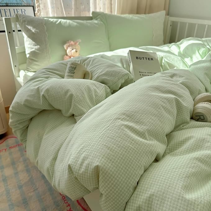 LifeTB Green Gingham Comforter Set King Romantic Lace Style Vintage Checkered Plaid Comforter Set 3 Pieces Green Grid Comforter with 2 Pillowcases Soft Fluffy Farmhouse Gingham Bedding Set King