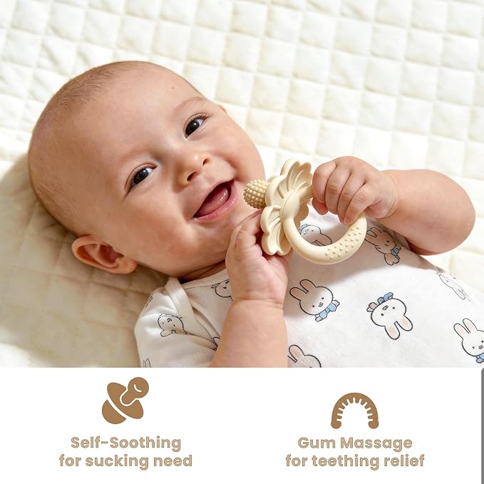 Baby Silicone Flower Teether Pacifier, Nipple-Shaped End Texture for Sucking Needs, Teething Relief, Chew Sensory Toys for Babies 0-6 6-12 Months, Hands-Free Design, BPA Free, Freezable -Beige