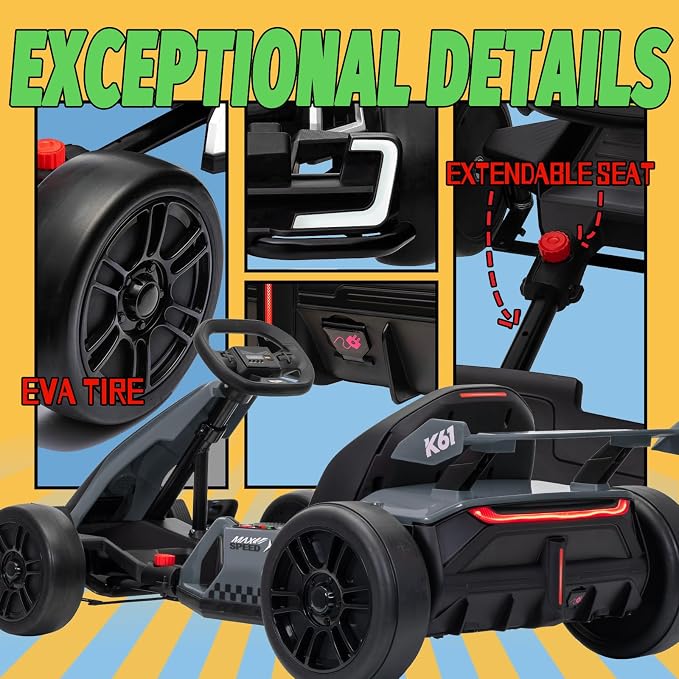 KerryYoo K61 Go Kart Electric Drift Kart with Length Adjustable Seat, 24V Outdoor Ride on Toy with 4 Speed Mode, Crazy Kart for Kids 6-12 Years Old, Fast 300W Motor, 8.5 MPH, Bluetooth - Gray