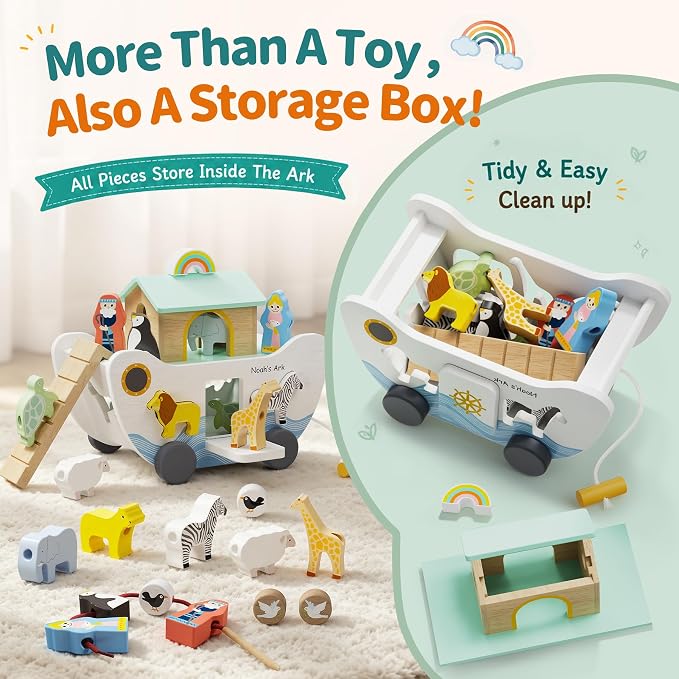 HASHMUST Wooden Noah's Ark Toy for 1 Year Old Baby Boy and Girl Gift - Pull Along Toddler Montessori Toy with Animal Shape Sorter Stacker for 1-3 Christmas Birthday Preschool Baptism Gift