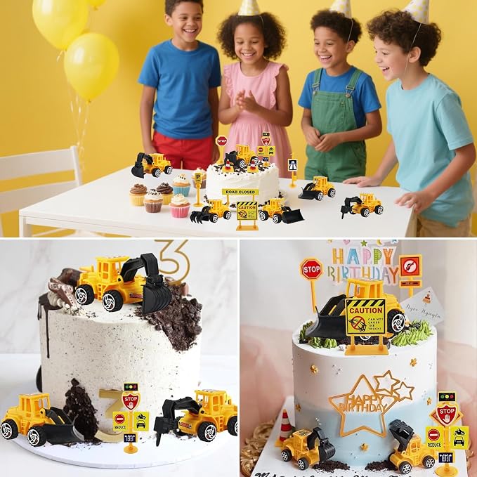 Mini Construction Vehicles Cake Topper 16pcs Truck Excavator Traffic Road Sign Cake Cupcake Topper Construction Truck Vehicles Toy Cake Decoration for Engineering Transportation Theme Party