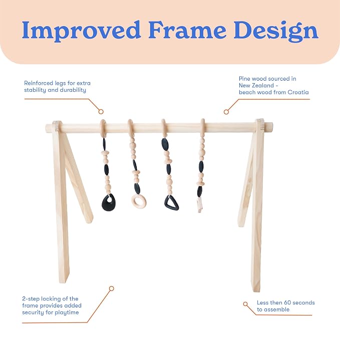 Poppyseed Play Wooden Baby Play Gym, Montessori Activity Center for Infants | Natural Wood Frame with 4 Hanging Toys | Baby Gym for Floor Play | Tummy Time & Early Development | 0–12 Months
