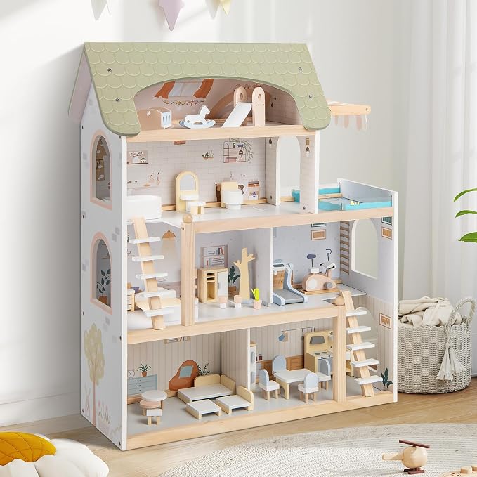 HONEY JOY Doll House, 4-Story Wooden Dollhouse Playset w/ 6 Rooms, 33 Accessories & Miniature Furniture, Pretend Play Toys Kit, 2.56 Feet Toddler Big Doll House, Gift for Kids Aged 3+