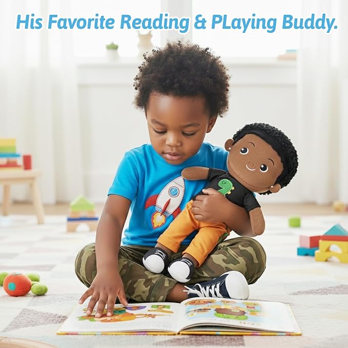 OUOZZZ 12.6" Black Boy Baby Doll - Toys for 1 Year Old Gifts African American Doll Birthday Gifts for 1 Year Old Boy Plush Toys Gift for Toddler Kids Dinosaur