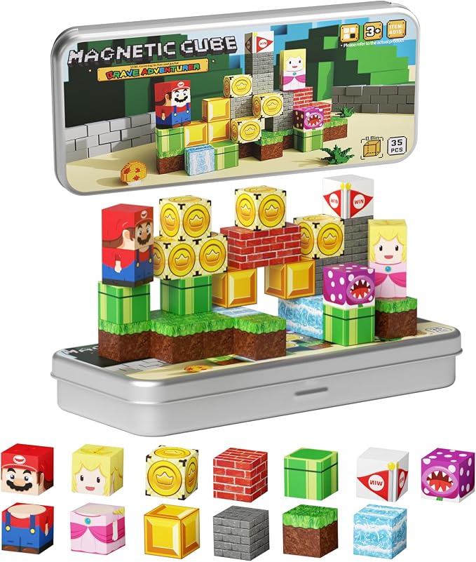 Mini Magnetic Blocks STEM Toys for Kids Ages 3-8, 35PCS Travel Building Set with Magnetic Storage Tin Box, Educational Construction Toys for Toddlers, Preschool Birthday Gift for Boys & Girls