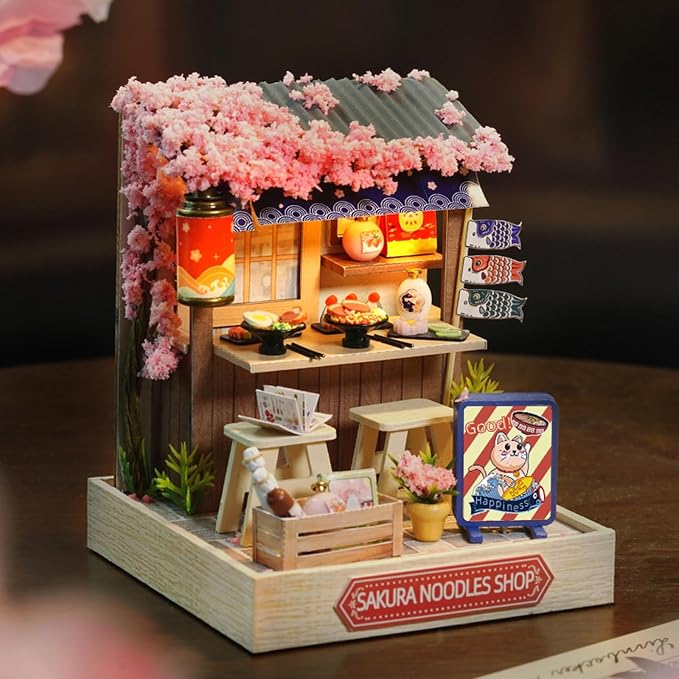 DIY Miniature Dollhouse Kits - Wooden Mini Model House with LED Lights, Tiny Furniture & Accessories – Craft Building Kits for Teens & Adults (Noodles Shop) – Birthday Valentine's Gift