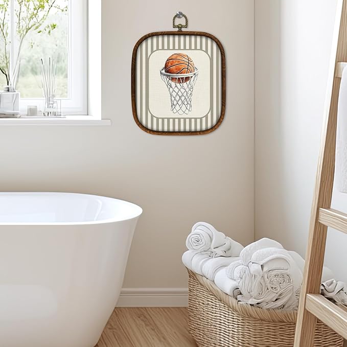 WULQYING Basketball Nursery Wall Art Decor, Sports Nursery Boys Room Square Framed Canvas Art Prints, Neutral Striped Sport Lover Gift Wall Hanging Decor for Kids Boys Room Playroom, 5.7x6.5 Inches