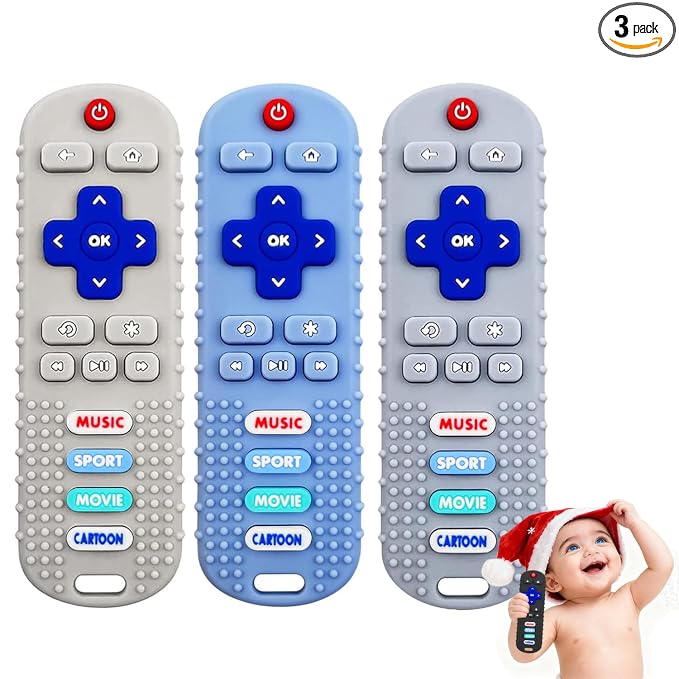 3 Pack Remote Control Shape Silicone Teethers for Babies Chew Toys, Teething Toys for Infant Toddlers,Baby Remote Control Toy (Blue&Grey&Beige)