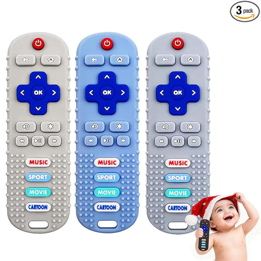 3 Pack Remote Control Shape Silicone Teethers for Babies Chew Toys, Teething Toys for Infant Toddlers,Baby Remote Control Toy (Blue&Grey&Beige)