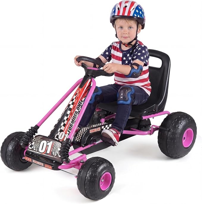 Costzon Pedal Go Kart, 4 Wheel Ride on Toy Pedal Car with Adjustable Seat, Forward/Backward & Handbrake, Outdoor Bicycle Go Cart with Wear-Resistant Wheels, Gift for Boys and Girls (Pink)