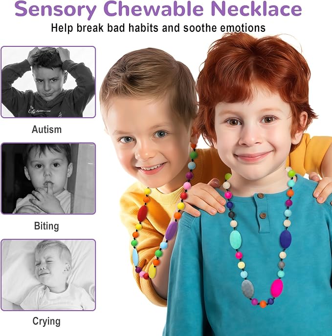 Chew Necklaces for Sensory Kids 2 Pack, Chewy Necklaces 2Pcs for Boys and Girls with Autism ADHD SPD, Silicone Fidget Necklace for Toddler Teens to Reduces Anxiety and Stress