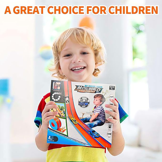 Flex Track Race Set for Kids, 15FT Starter Set Car Track with 4 Suction Cups and 6 Diecast 1/64th Cars - STEM Racing Toy for Boys & Girls Ages 3+ (Upgrade Orange) (Upgrade-Blue)
