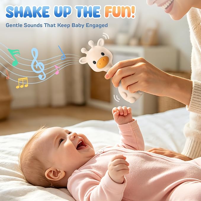 Baby Teething with Rattle Toys 3-6 6-12 Months, BPA Free Silicone Baby Teether, Infant Chew Toys for Teething Relief, Baby Gifts for Newborn Boys Girls, Easy-Grip, Beige
