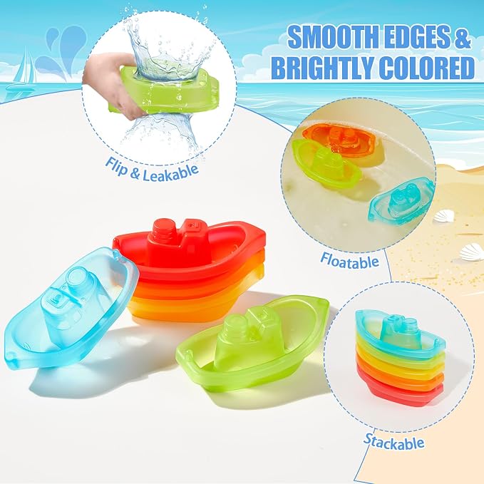 AMCHSURI 11 Pack Mold Free Bath Toys, Open Seamless Quick Dry Design, Stackable Scoops & Floating Boats, Water Play Toys for 12 18 Months & 1-3 Years Old Toddlers, Bathtub Pool Water Table Toys