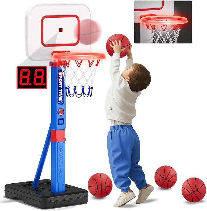 HYES Toddler Basketball Hoop with Scoreboard/LED Basketball Rim/4 Balls, 55" Height Adjustable Basketball Hoop for Kids 3-5, Indoor Outdoor Sport Toys Birthday Gifts for Baby Boys Girls