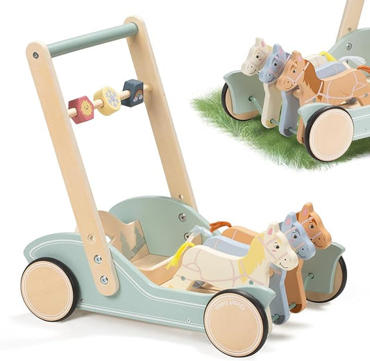 Giant bean Wooden Baby Push Walker for Boys Girls Ages 1-3, Galloping Ponies Push and Pull Activity Walker Adjustable Speed, Baby Push Walker Christmas Gift for Toddler Kids Motor Skills & Creativity
