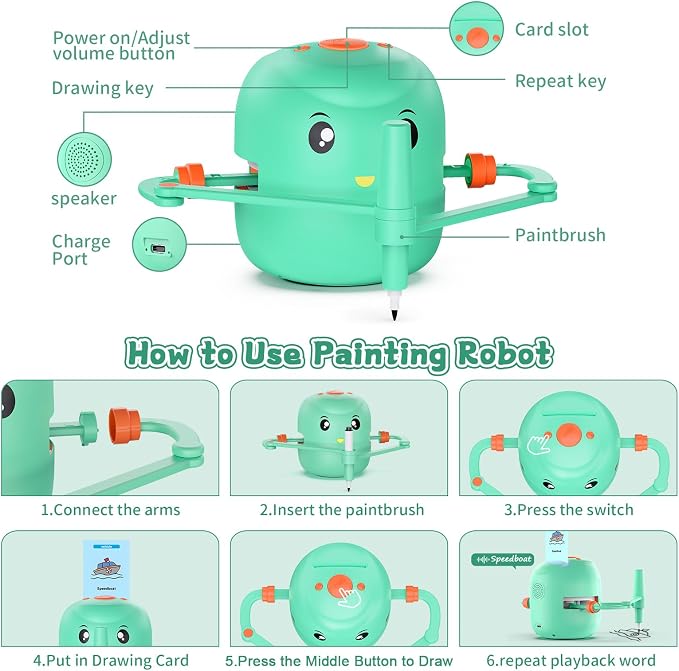 Interactive Educational Drawing Robot for Kids - Montessori Learning Toy with 150 Word Cards, Voice Interaction, Ages 5+ (Green)