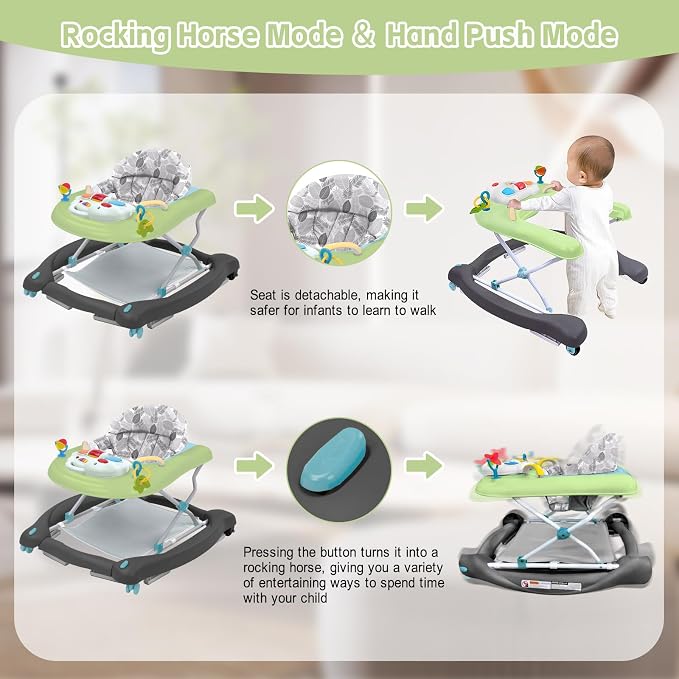 5 in 1 Foldable Baby Walker, Activity Baby Walker-Baby Bouncer, Rocker, Activity Center,Seat and Push Walker,Detachable Trampoline Mat, Adjustable Speed Rear Wheels and Height,Ages 6-18 Months(Green)