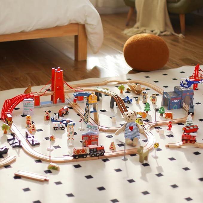 Giant bean 117 Pcs Busy Port City Wooden Train Set for Kids- Expandable & Changeable Wooden Train Track Set Toy, for Boys & Girls Ages 3-14