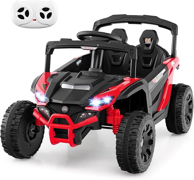 Costzon 12V Kids UTV Ride On Car, Battery Powered Electric Vehicle with Remote Control, 3 Speeds, LED Lights, Music, Horn & Spring Suspension, Off-Road UTV for Boys & Girls 3+ Years Old (Red)