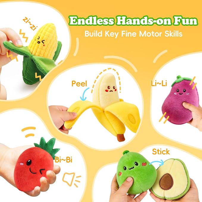 SAIMAND Baby Toys 6–12 Months, 16PCS My First Fruit Vegetable Sensory Toys for Babies Infants, Color Sorting Play Food with Crinkle & Rattle, Montessori Toys for 1 Year Old Toddlers Boys Girls