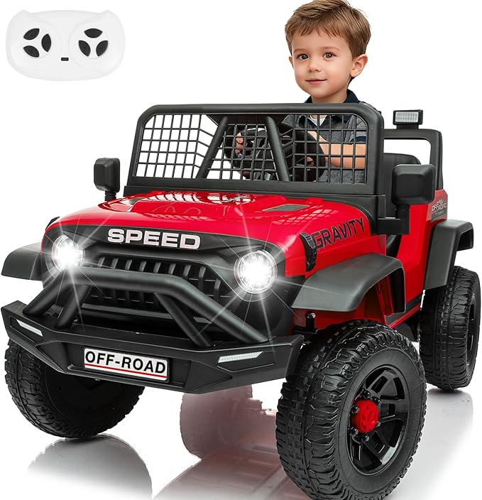 24V Ride on Toys w/Remote Control, 4WD Kids Ride on Truck Car, 3 Speed, Bluetooth Music, Wide Seat, Spring Suspension, LED Light, Birthday for Boys Girls Toddler (D-Red)