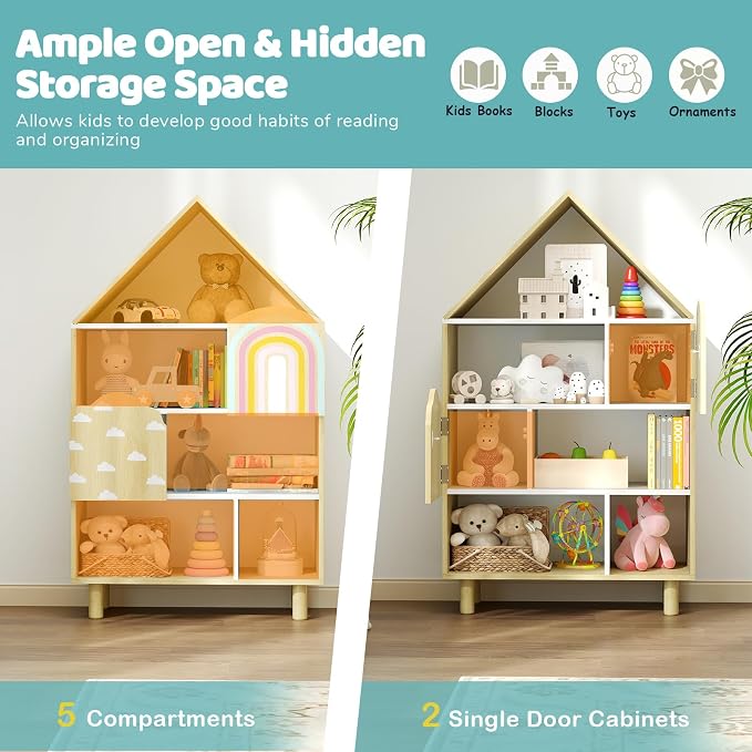 Costzon Kids Dollhouse Bookshelf w/ 2 Doors, Wooden Toy Storage Organizer w/Anti-toppling Devices & Solid Wood Legs, House-Shaped Toddler Bookshelf for Kids Room, Playroom, Nursery, Bedroom, Natural