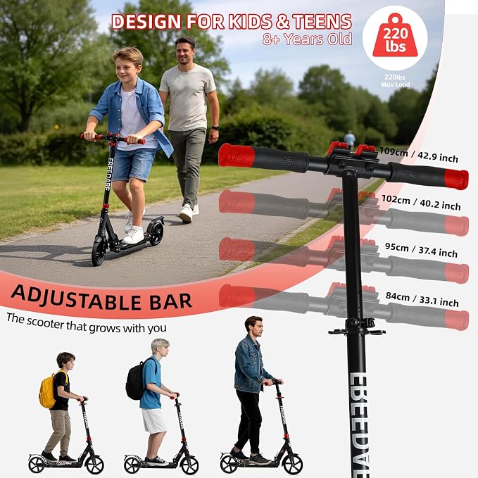 FREEDARE Kick Scooter for Kids & Adults Ages 8+, Foldable Teen Scooter with 2 Big 8-inch Wheels and 4-Level Adjustable Handlebar, Max Load 220 LBS