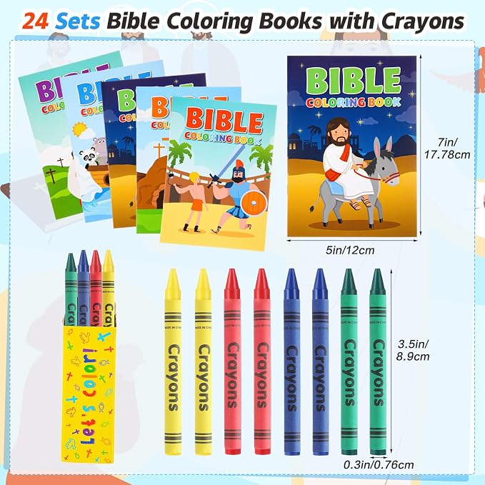 Gilprop 24 Set Bulk Christian Coloring Books with Crayons for Kids Bible Religious Drawing Books Bulk Christian Story Activity Supplies, DIY Sunday School Crafts, Bible Party Favors Gifts