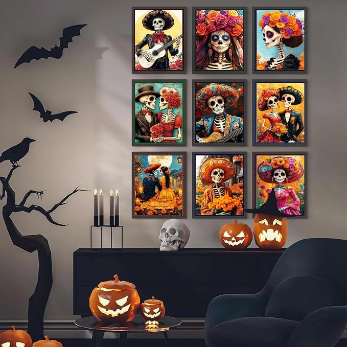 Paint by Numbers for Adults and Kids Beginner, 9 Piece Skull Painting by Number Kits On Canvas, Number Artist Paint by Number Kit DIY Halloween Oil Painting Acrylic Paints, Home Wall Decor Gift12X16in