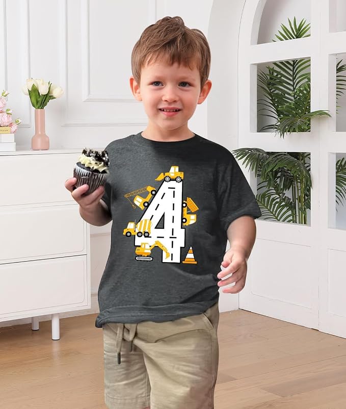Lovekider 2-5 Years Birthday Boy Shirt Construction Party T-Shirts Excavator Cotton Short Sleeve Tee Dark Grey