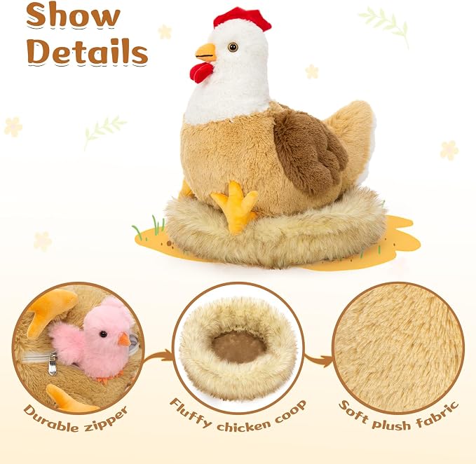 7Pcs Chicken Stuffed Animals, Stuffed Hen Plush with Baby Chicks & Eggs, Nest Hen Coop Plush Toy Set for Kids, Soft Stuffed Farm Animal Plushie for Birthday Christmas Easter Gift, 14"