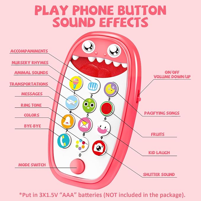 Baby Shark Cell Phone Toy Removable Teether Case, Light, Music Adjustable Volume Kid Play Learn Fake Phone Infant Toddler, Preschool Holiday Birthday Present Gift for Girl Boy 12 Months (Red)