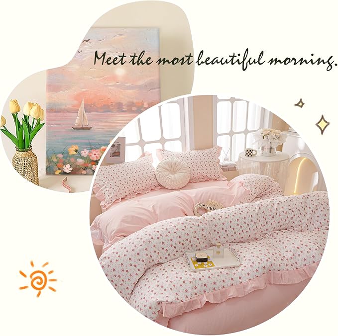 Garden Pink Floral Comforter Set Twin XL French Style Girls Flowers Comforter Fluffy Soft Chic Floral Bedding Set Vintage Botanical Ruffled Comforter with 2 Pillowcases Pink Flower Lace Comforter Set