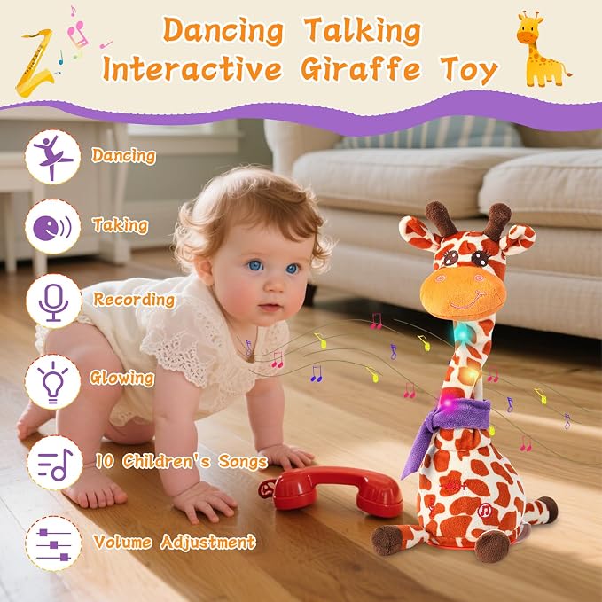 Dancing Talking Giraffe Toy, Stuffed Animal Baby Toy Repeating What You Say, Glowing Musical Giraffe Gifts for Toddlers 1-3 Years Old, for Kids (New Giraffe)