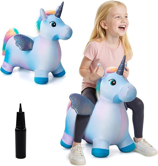 Unicorn Horse Hopper, Inflatable Plush Animal Hopping Toy, Bouncing Riding Hopper for Toddlers, Outdoor Indoor Jumping Toys for Boys Girls, Birthday Gifts for 18 Month 2 3 4 5 W/Free Pump