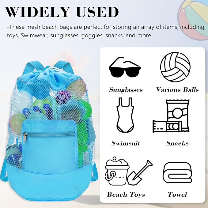 INVODA Mesh Beach Bag Drawstring Beach Backpack Foldable Toy Organizer Bag Shell Adjustable Straps Large Capacity Swim Bag