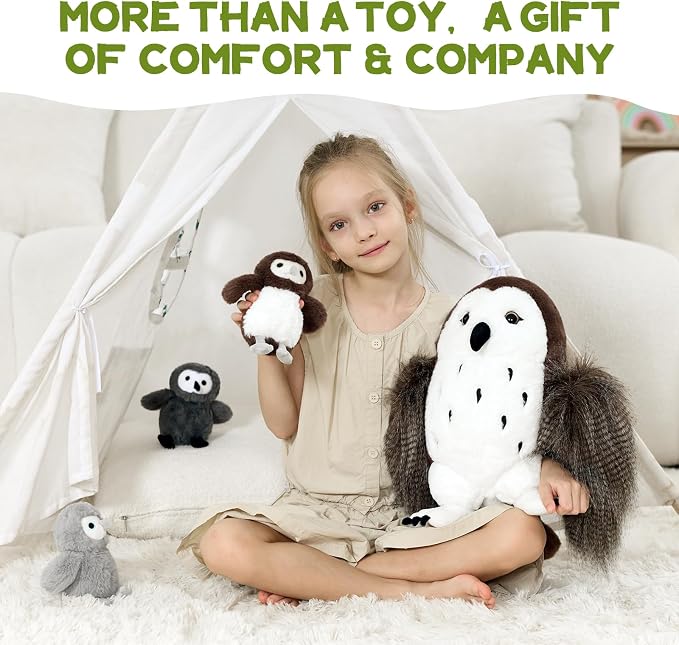 4Pcs Owl Plush Set, 18 Inch Mother Stuffed Animal with 3 Baby Owls Inside, Soft Brown Plushie Gift for Kids, Girls and Boys, Christmas Birthday Baby Shower, Brown