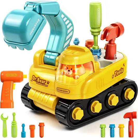 Toys for 2 Year Old Boys: Toddler Tool Set, Excavator Take Apart Toys with Electric Drill, Screwdriver, Wrench, Learning Pretend Construction Toy for 2 3 Years Old Kids Birthday Gift, Musical, Light
