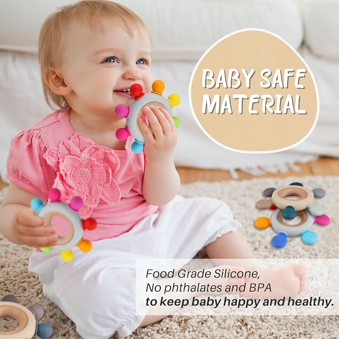 Baby Teething Toys, Silicone Chewable Teethers with Wooden Ring for Soothing Babies Gums, Rudder Chewers Shower Gift for lnfants & Toddlers, 3+ Months (6 Directions, Rainbow)