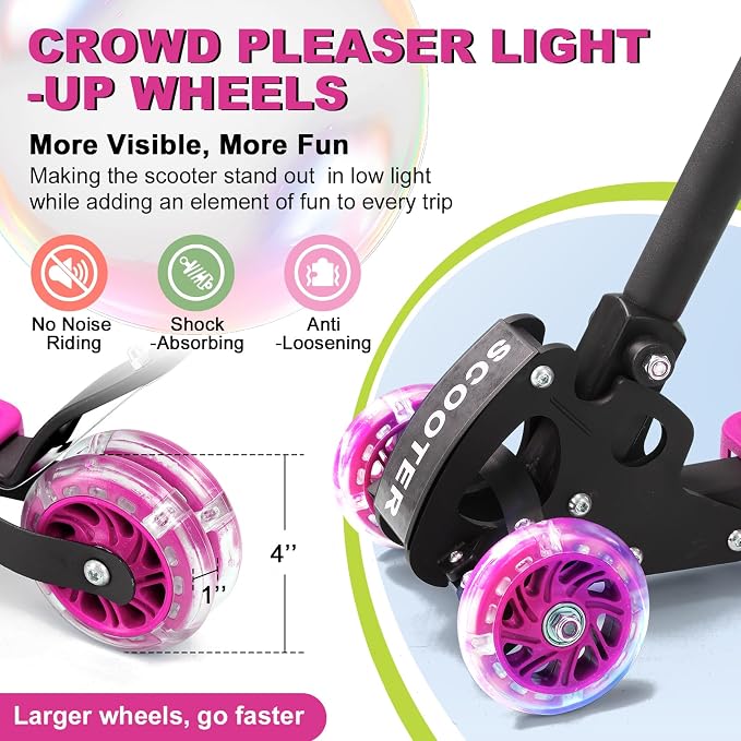 Scooter for Kids 3-5 5-7,Light up 3 Wheels Kick Scooter,Heavy Duty Folding Lean-to-Steer Scooters with 3 Adjustable Handlebar for Boys Girls,Widen Anti-Slip Deck,Rear Break,Holds up to 150Lbs