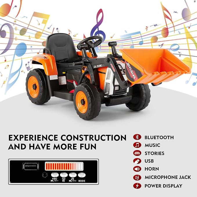 JOYLDIAS Ride On Excavator, 12V Electric Construction Vehicle Bulldozer/Tractor for Kids Digger with Remote Control, 3 Speeds, Bluetooth, Music, Lights, Orange