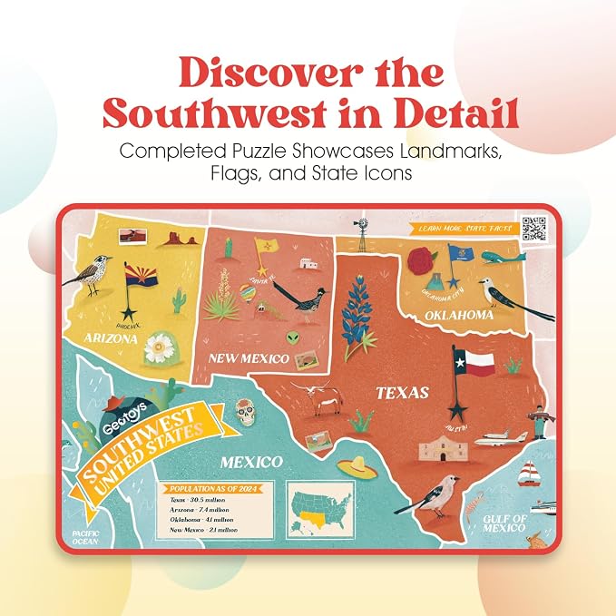 Geotoys Southwest Region Jigsaw Puzzle - Educational and Interactive Map Game - 250 Piece Puzzles - Jigsaw Puzzles for Kids Ages 8-12 - Kids Puzzle Games with Colorful Landmarks